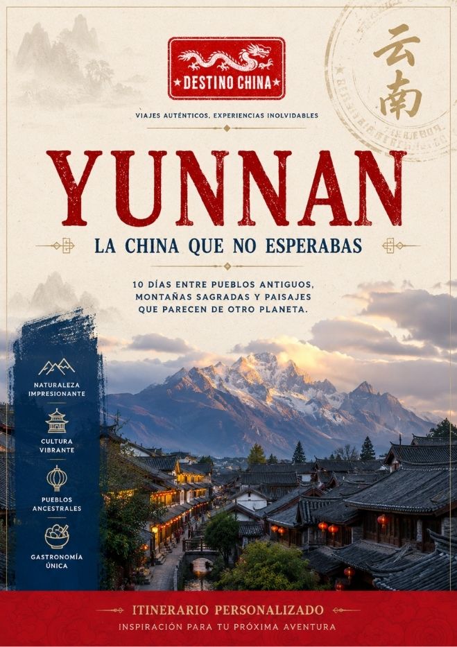Cartel promocional de un viaje de 10 días a Yunnan, China