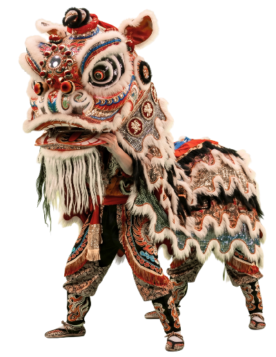Danza del león chino: Traje tradicional de león en colores blanco, rojo y dorado con lentejuelas, ejecutando una danza folclórica